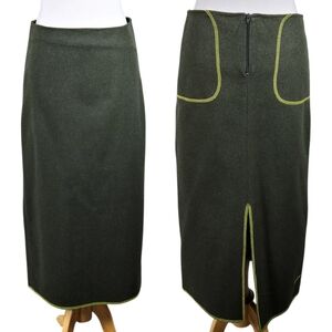 Betsy Italian Wool Olive Green Pencil Skirt With Contrast Stitching Size